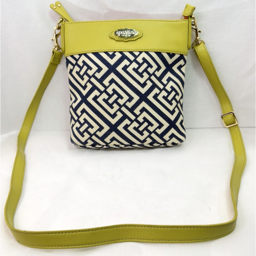 Spartina 449 Daufuskie Island Crossbody Bag Navy White Geometric Lime Leather